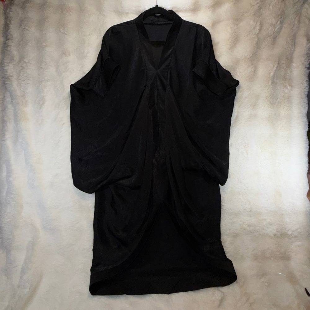 Womens Black Satin Draped Avant Garde V-Neck Midi Dress Short Sleeve Cocktail - Picture 3 of 10